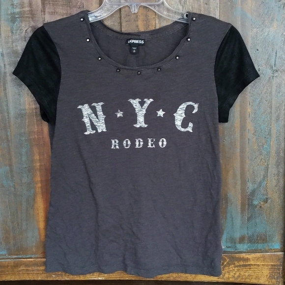 Express Tops - Express NYC Rodeo T-Shirt w/ Faux Leather Sleeves - Y2K - Grunge - Women's Small